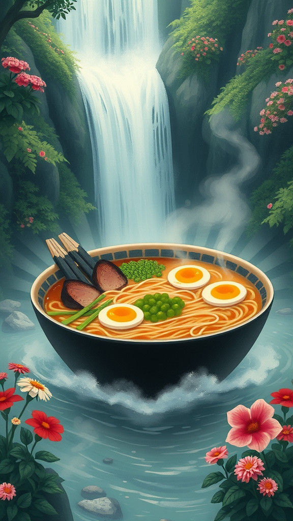 Giant Ramen Bowl at Waterfall, Ukiyo-e Style