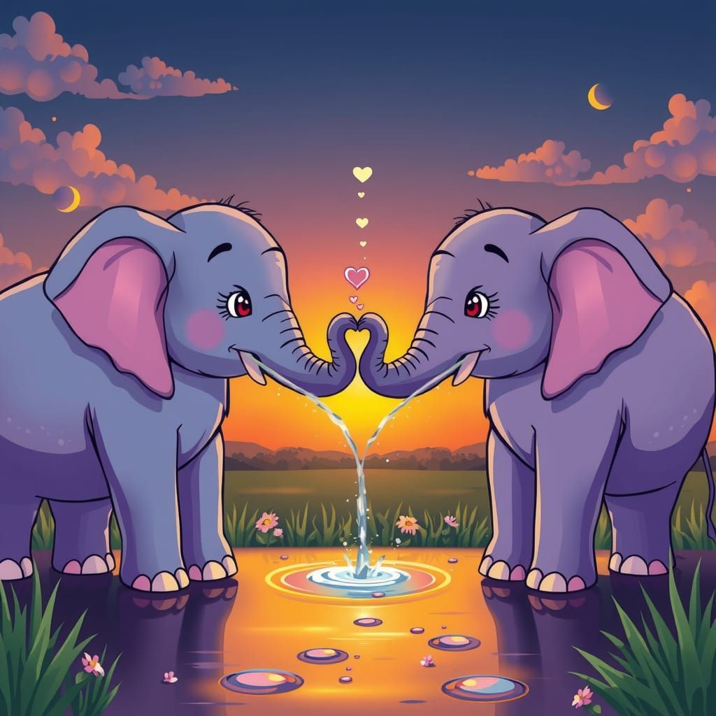 Whimsical Cartoon Elephants in Golden Hour