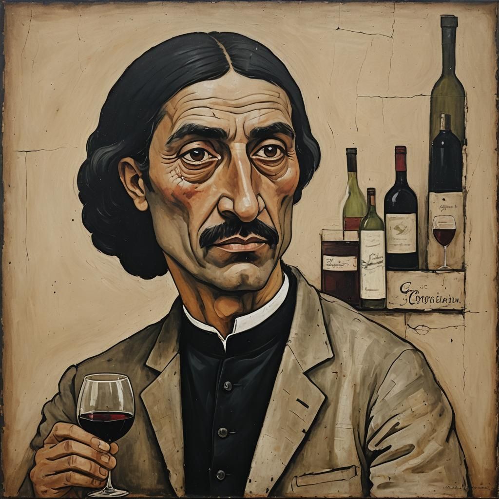 Georgian Man with Wine in Naive Art Style