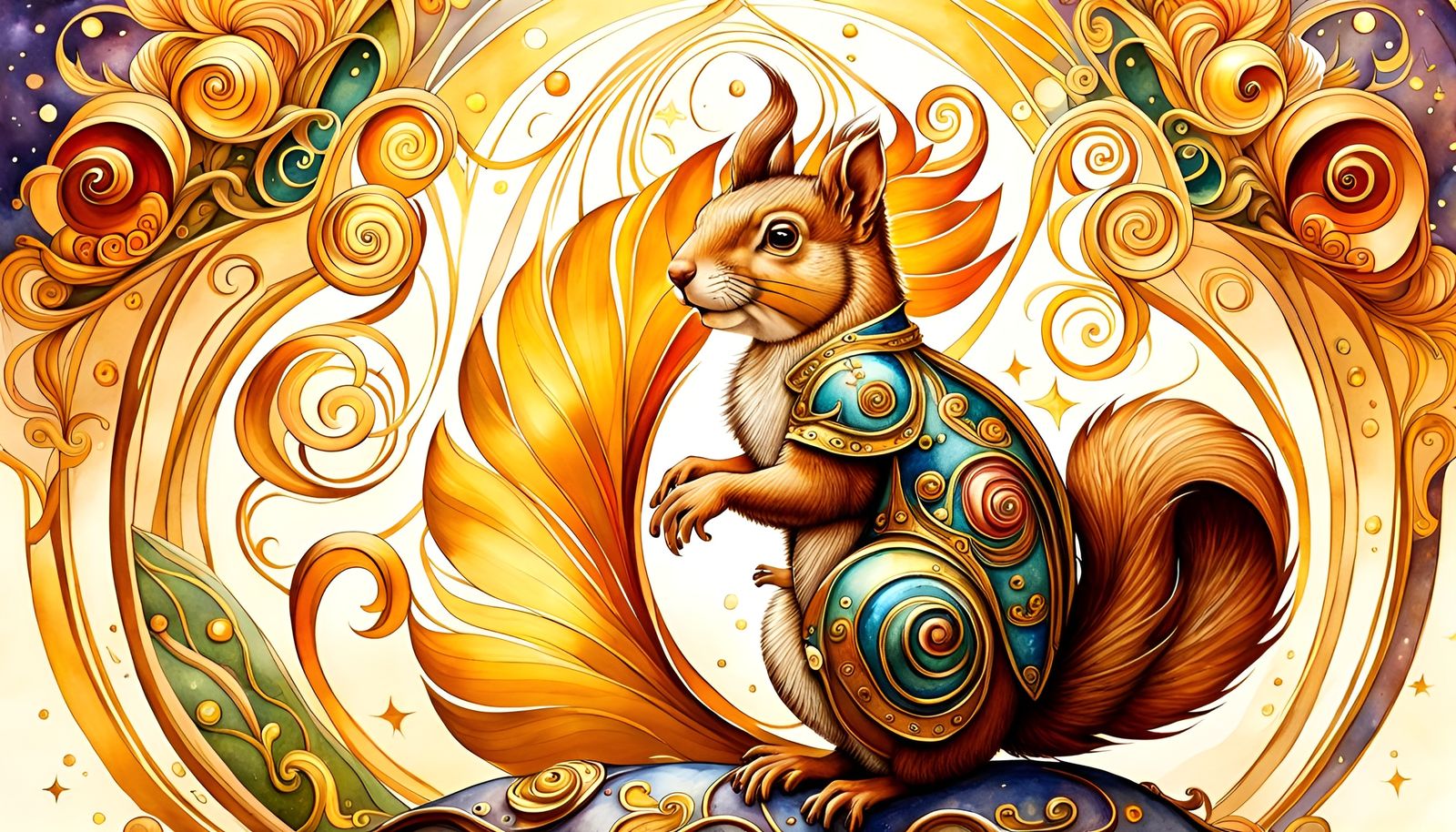 Squirrel Knight in Art Nouveau Watercolor Style