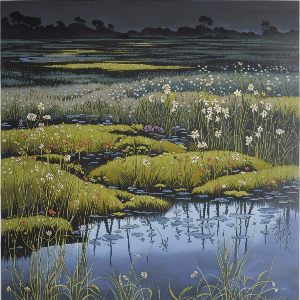 Misty Bog Wildflowers in Aquatint Style