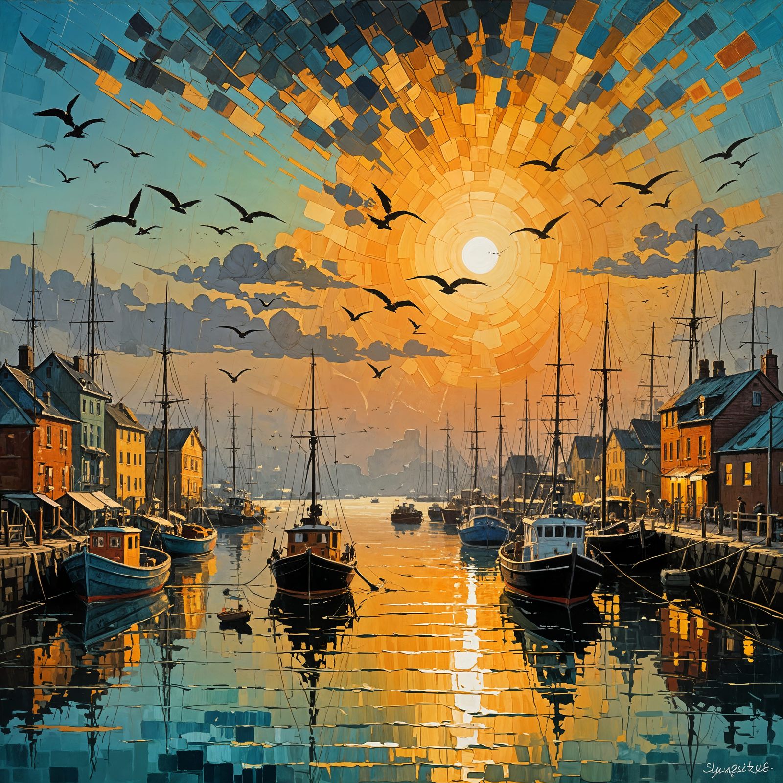 Impasto Harbour Sunrise with Lively Boats and Seagulls