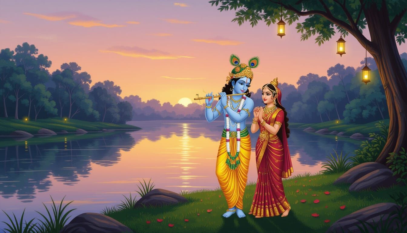 Radha and Krishna at Twilight Riverside