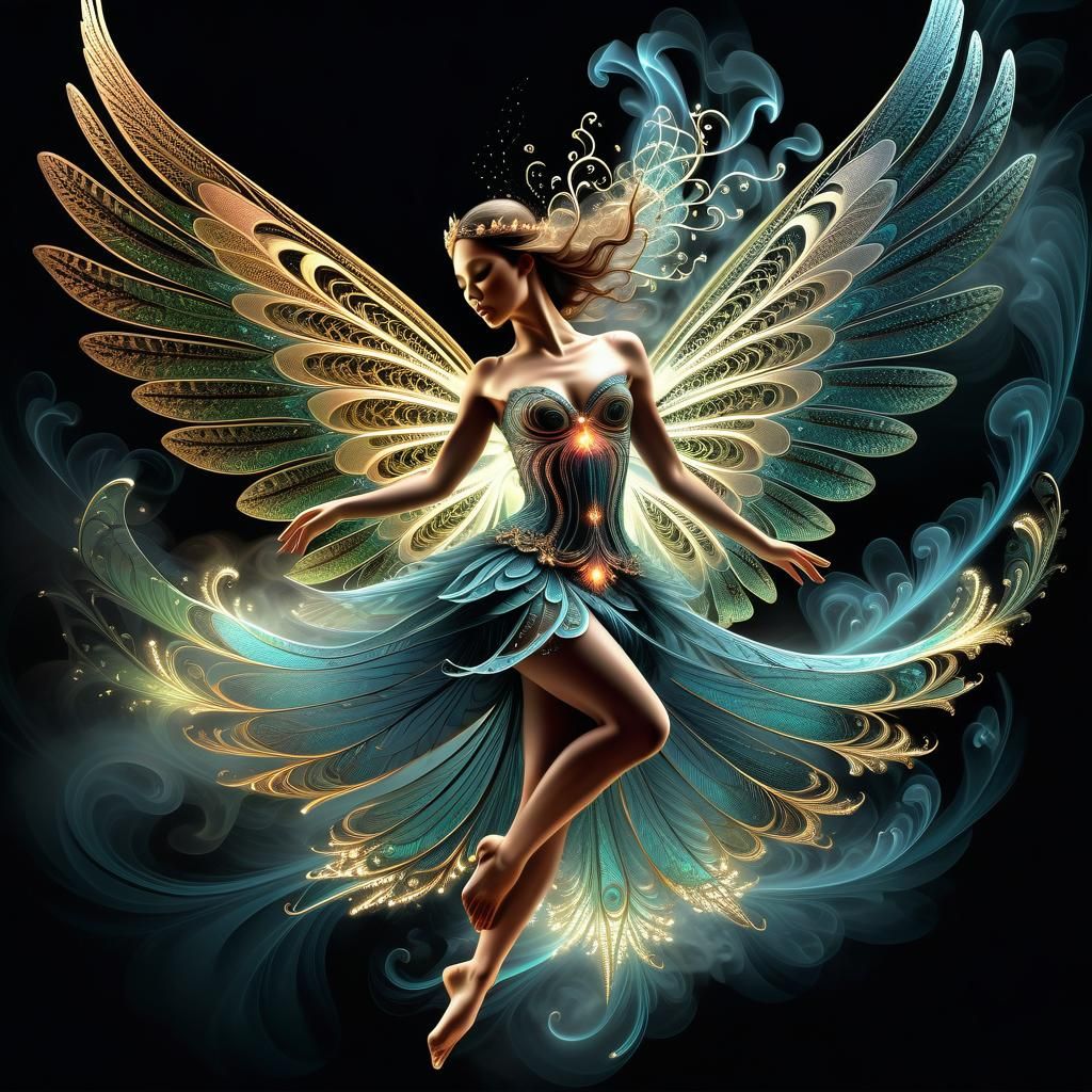 Winged Fairy in Flight with Swirling Smoke