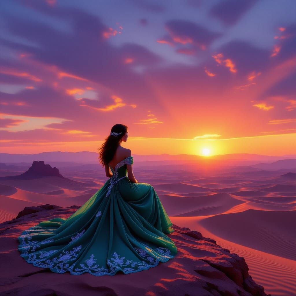 Woman in Emerald Gown at Desert Sunset