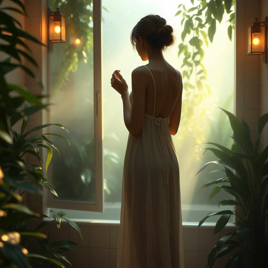 Woman in Dreamlike Bathroom Applying Makeup