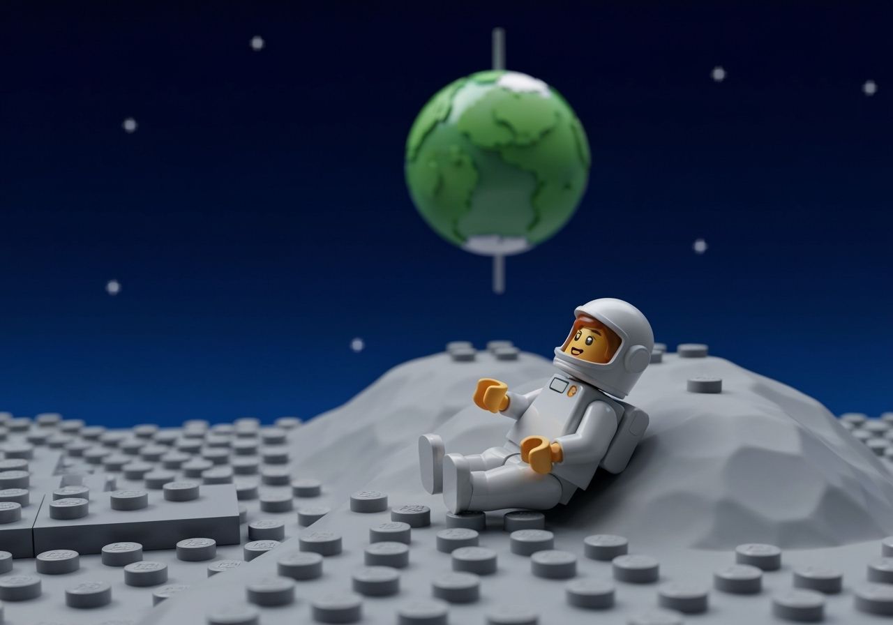 Lego Astronaut Relaxing on Lego Moon with Earth View