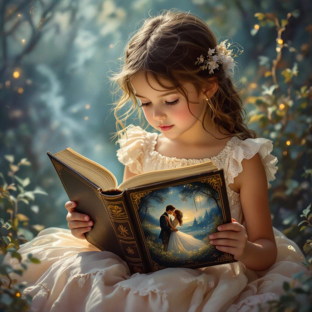 Girl Reading Book Reveals Kissing Couple in Fairy Tale Style