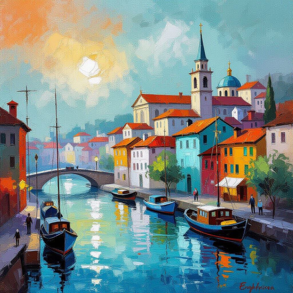 Vibrant Port City in Orange and Teal