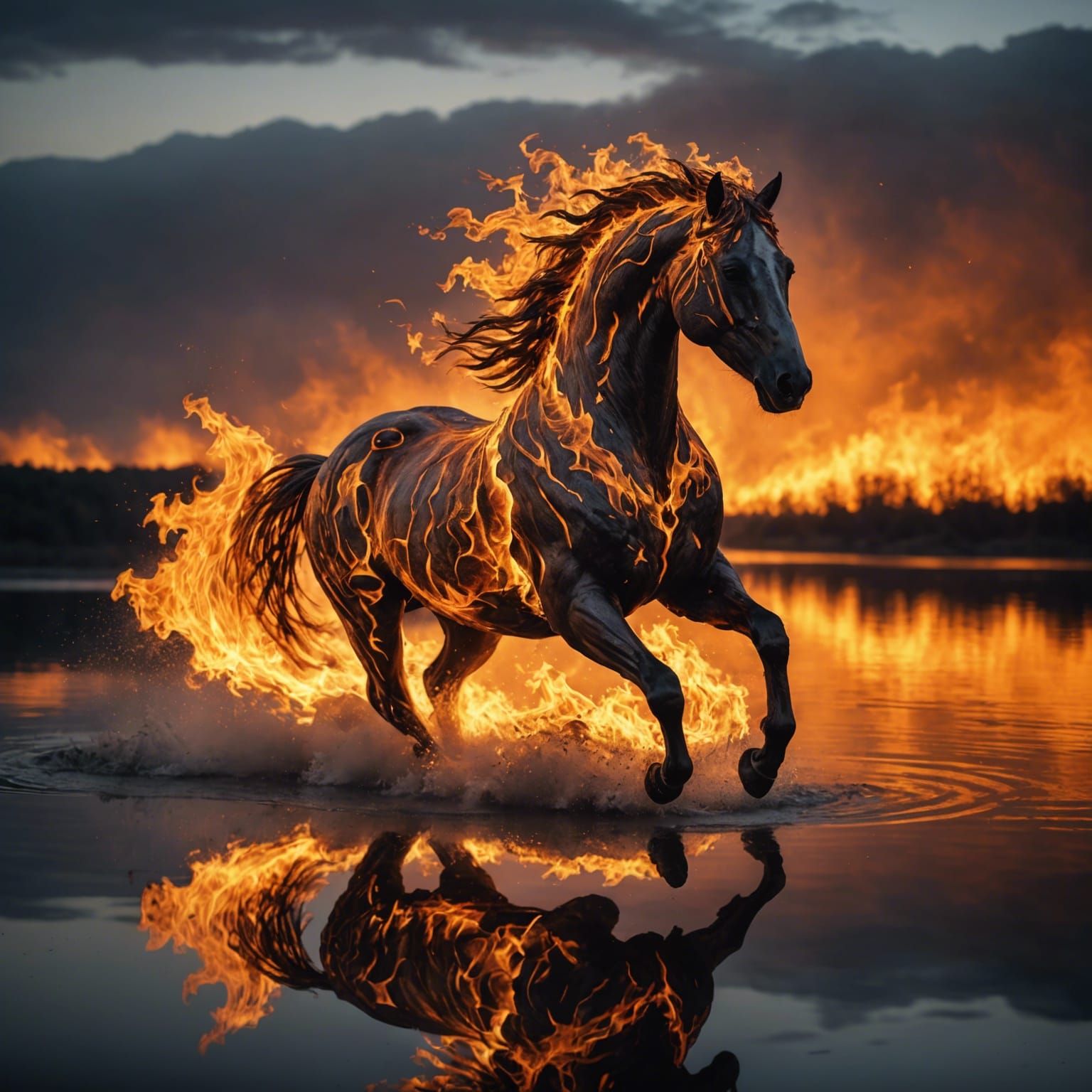 Fiery Horse Galloping Across a Lake