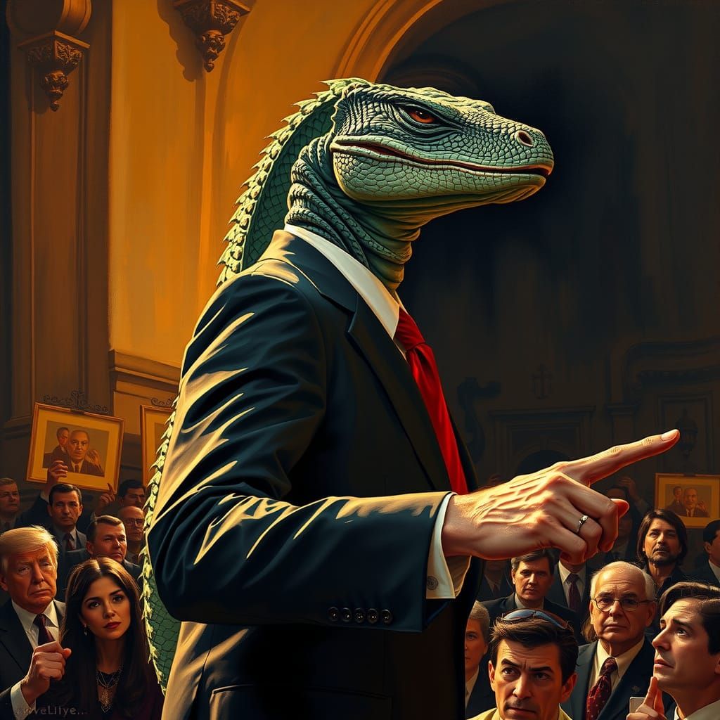 Reptilian Shapeshifter Lurks Behind Politician in Retro-Fant...