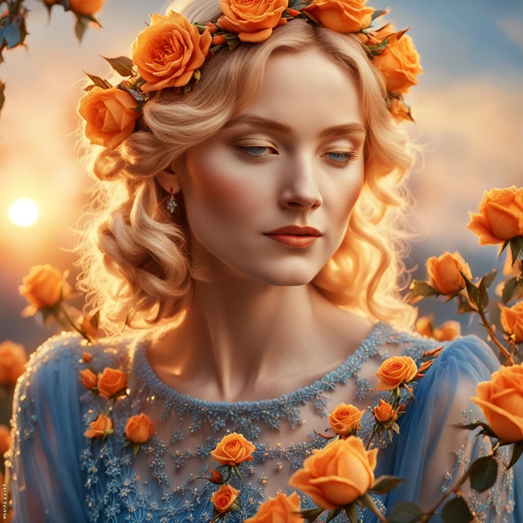 Glowing Roses Frame Woman in Soft Romantic Portrait