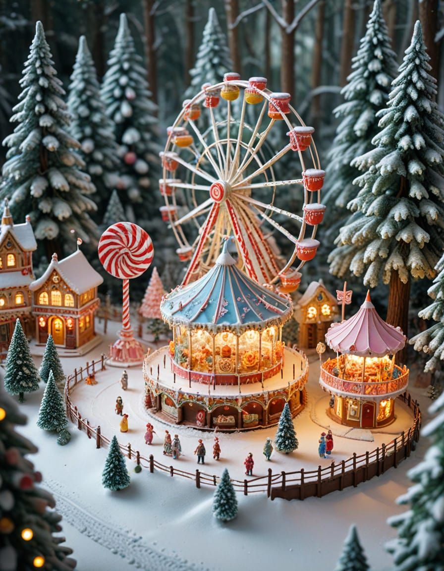 Candy Amusement Park in Winter Wonderland, Vintage Illustrat...