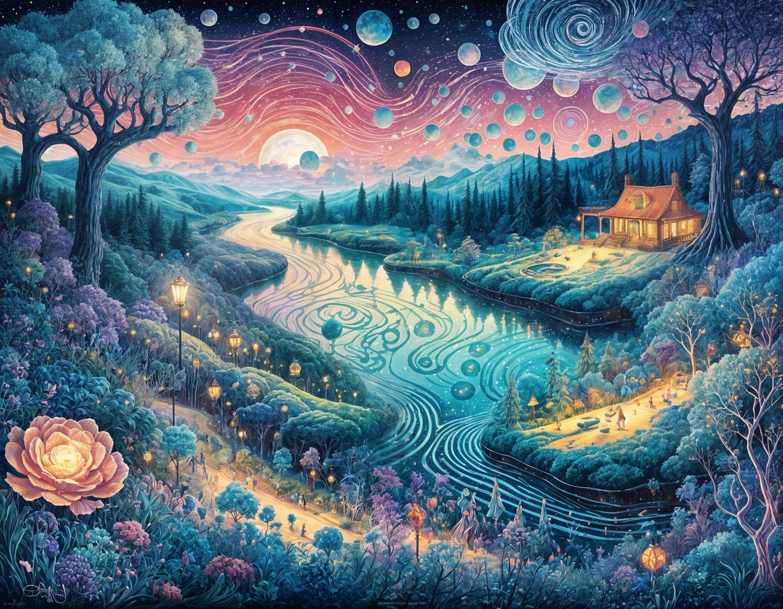 Dreamy Wonderland Night Sky in Cyberpunk Style