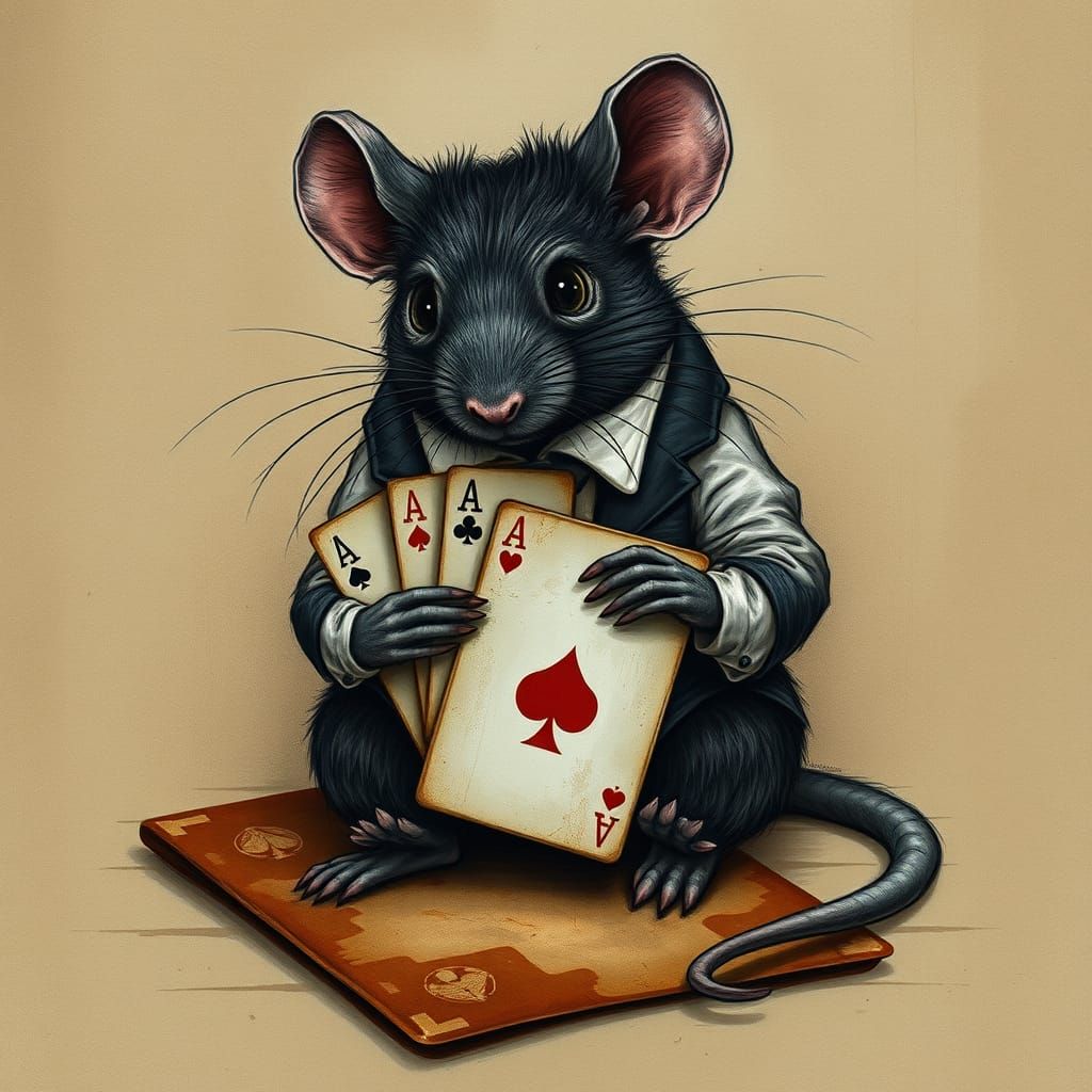 Surreal Rat Gambler Reveals Ace Card in Vintage Style
