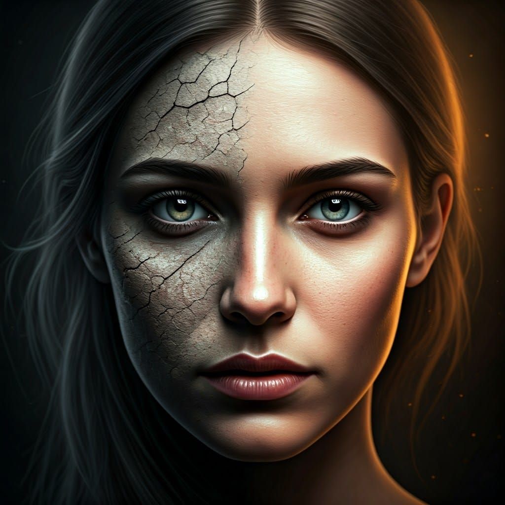 a facial image holding  the tension between ruin and radianc...