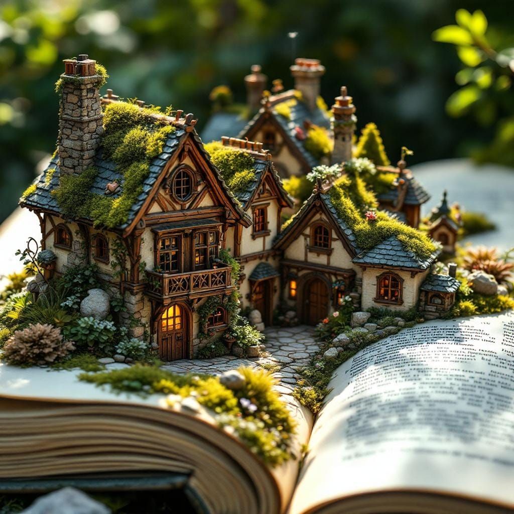Magical Miniature Village Emerging from a Book
