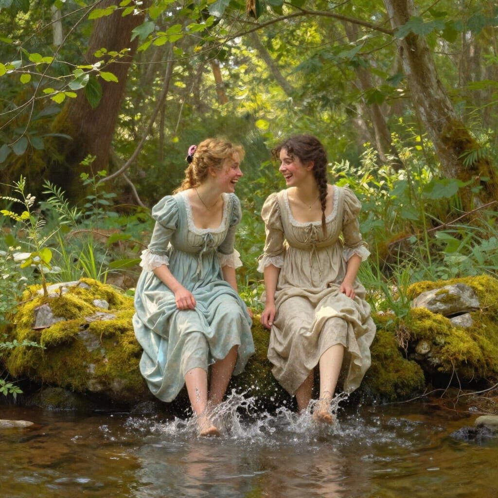 Regency Women Play in Forest Brook Oil Painting