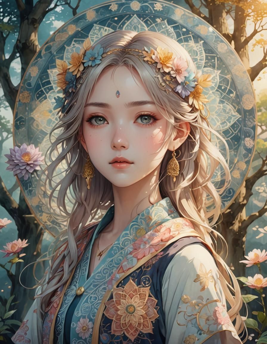 Anime Woman in Mandala: Watercolor Digital Painting