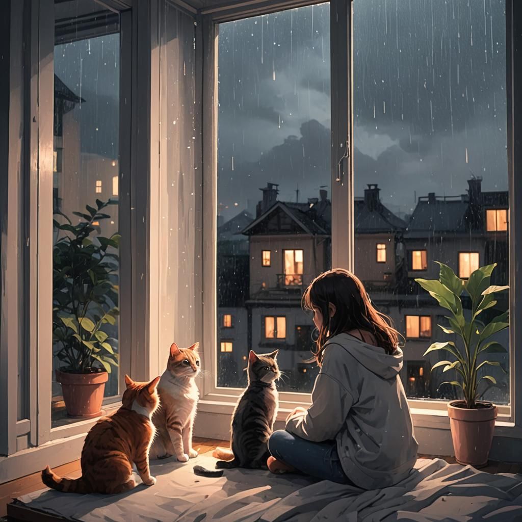 Girl and Cat Watching Rain at Night