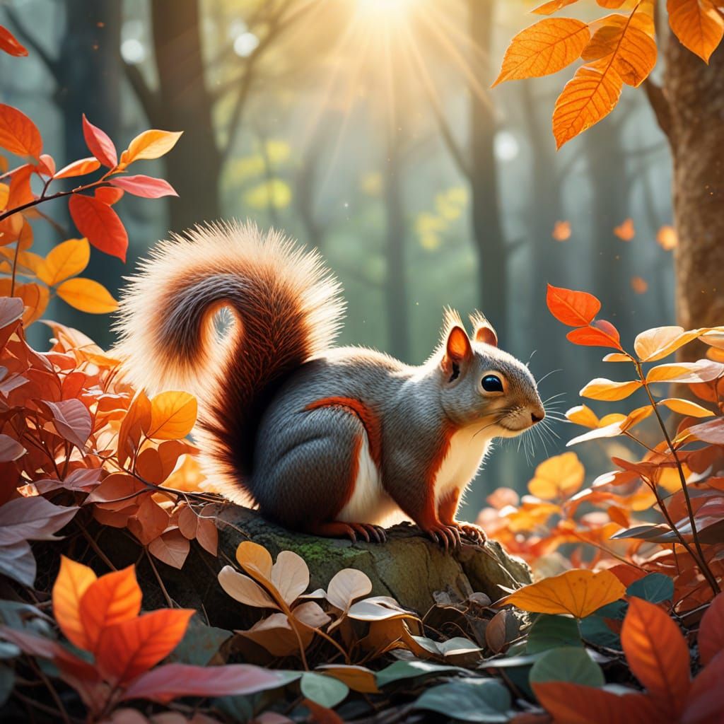 Whimsical Watercolor Scene with Star-Shaped Mandala and Squi...