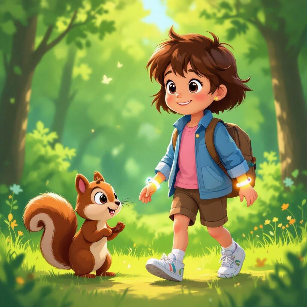 Cartoon Girl Max Walks With Squirrel in Sunny Forest