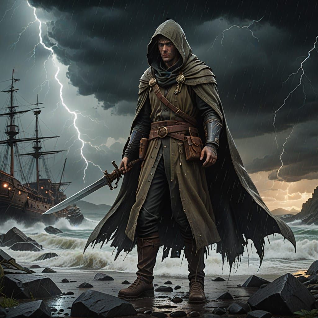 Fantasy Warrior Stands Firm in Turbulent Storm