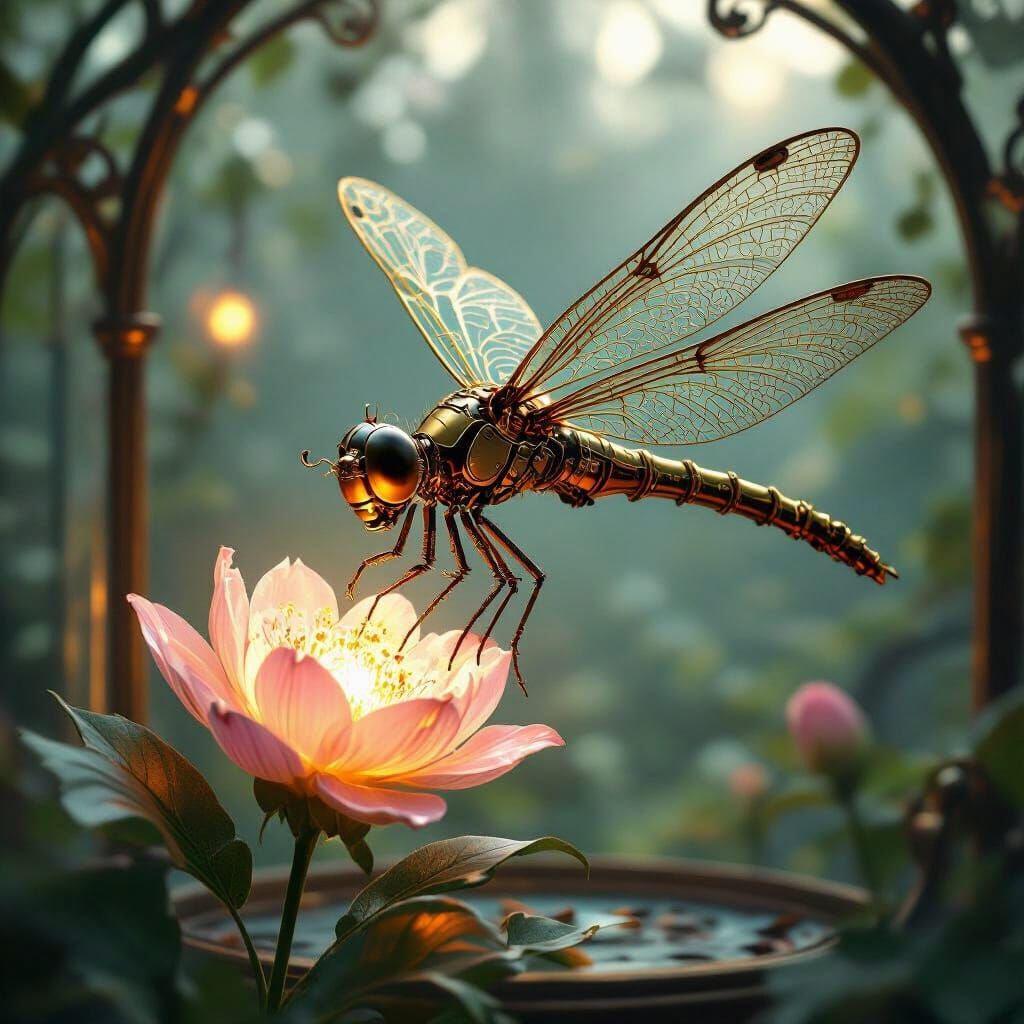 Steampunk automaton. Medium shot. A mechanical dragonfly wit...