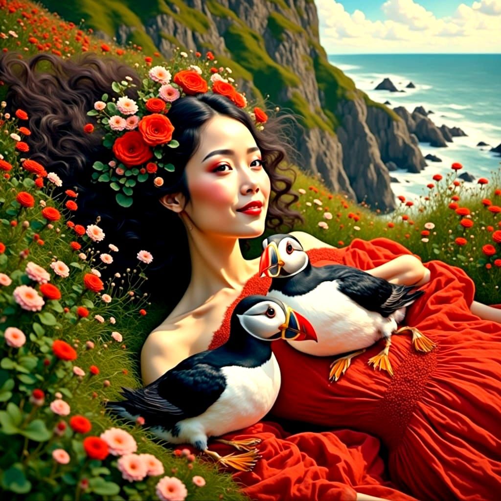 Gorgeous Woman in Red Sundress with Puffins in a Cliffside S...