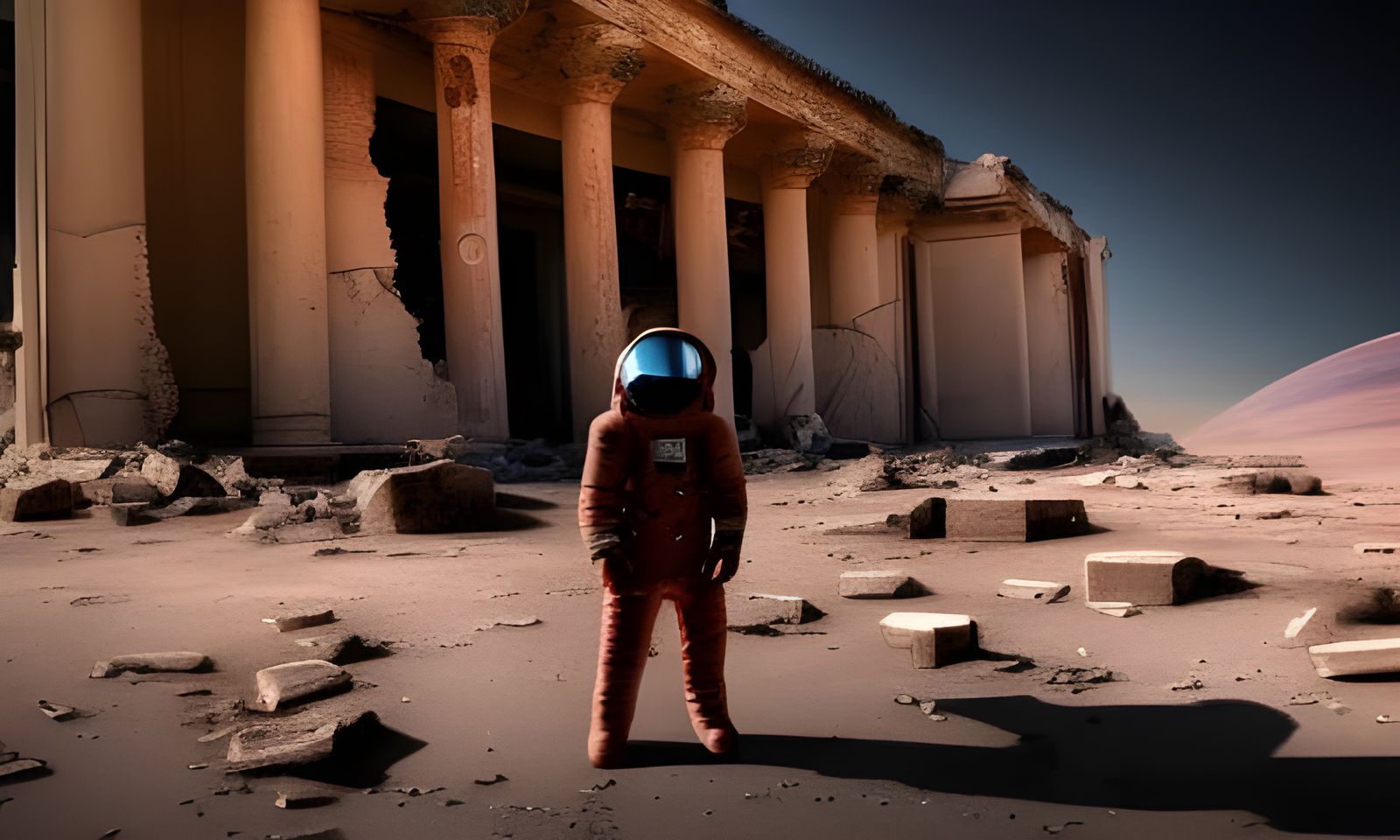 Astronaut at Abandoned Temple on Mars