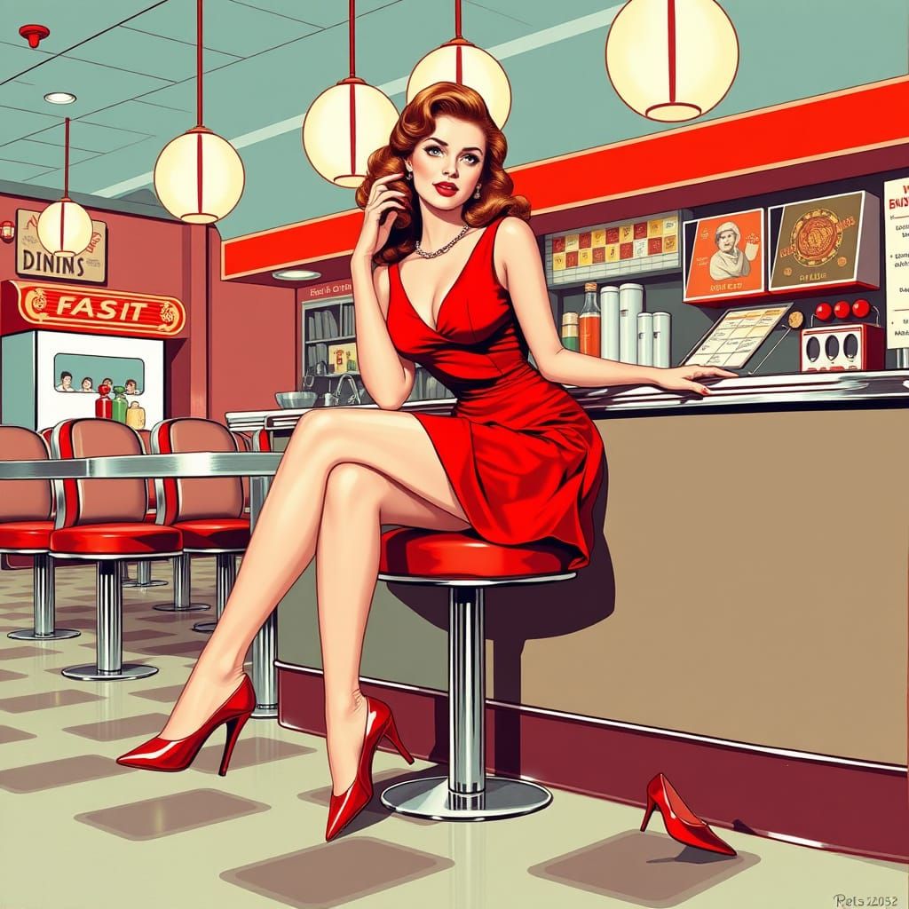 1950s fashion pinup in a diner by "Walter M Baumhofer".