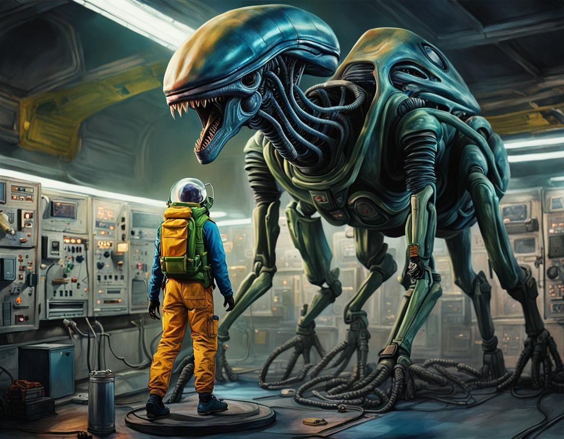 Hyperrealistic Alien Confrontation: A Cinematic Scene