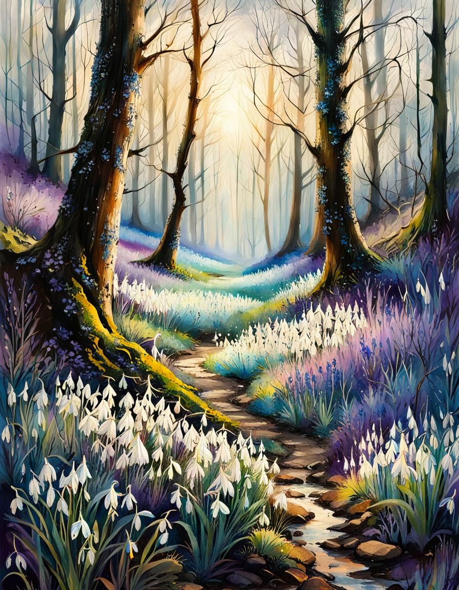 Spring Forest with Bluebells: Watercolor Art