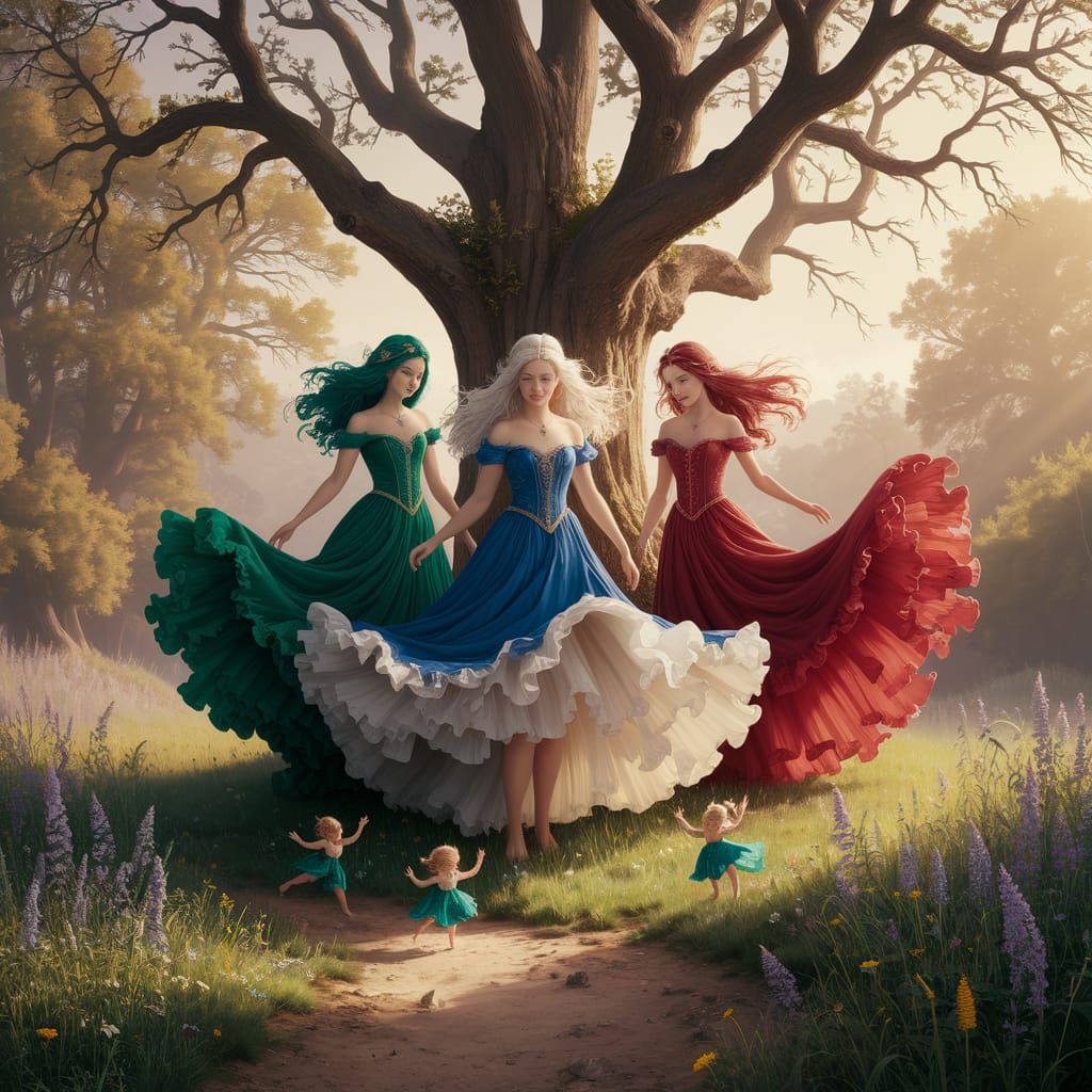 Enchanted Sisters Dancing in Sunlit Grove, Art Nouveau