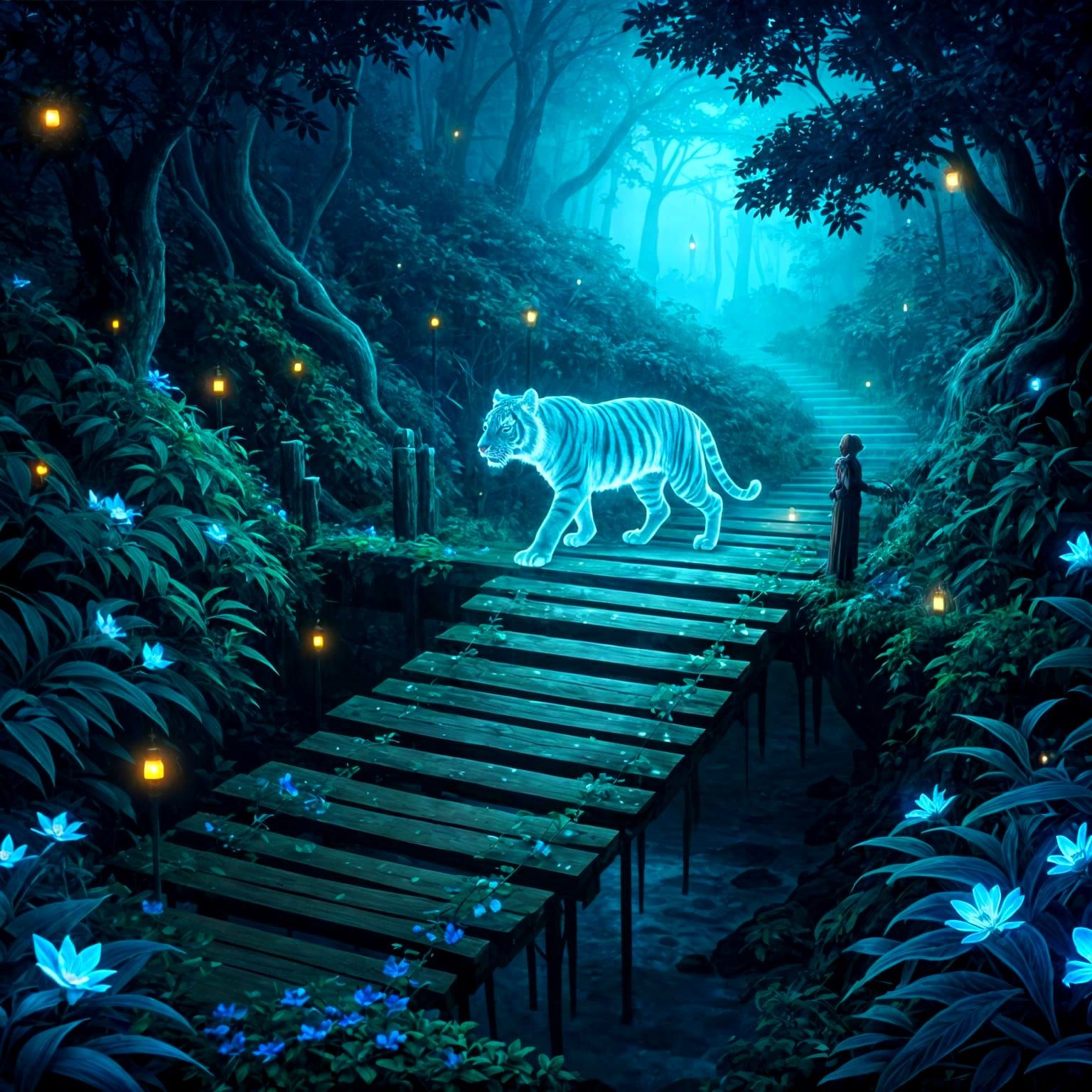 Blue Tiger on Luminous Bridge, Ghibli Style