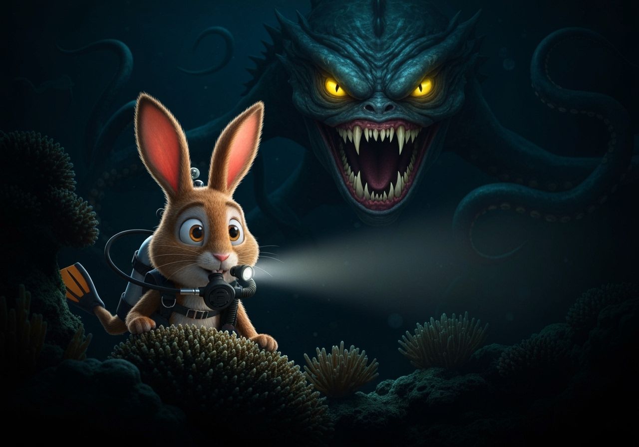 Rabbit Scuba Diver Unaware of Sea Monster
