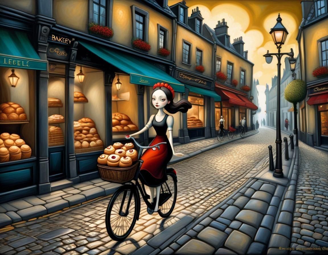 Woman on Bike with Buns, Lacombe Style