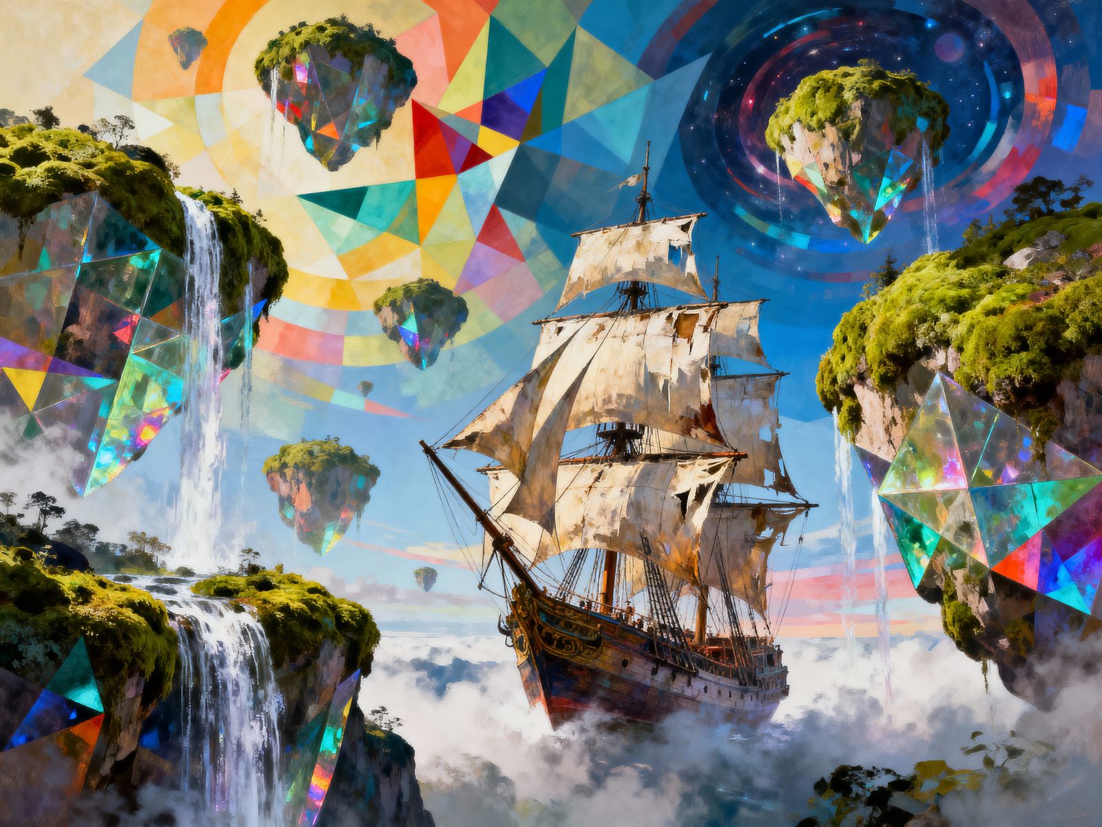 Antique Ship Navigates Psychedelic Floating Islands