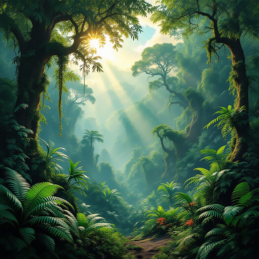 Vibrant Prehistoric Jungle Alive with Fantastical Flora and ...