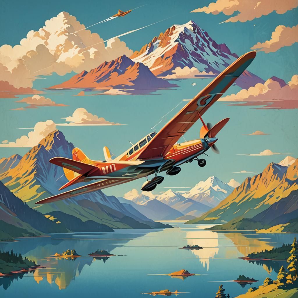 Vintage Airplane Travel Poster in Art Deco Style
