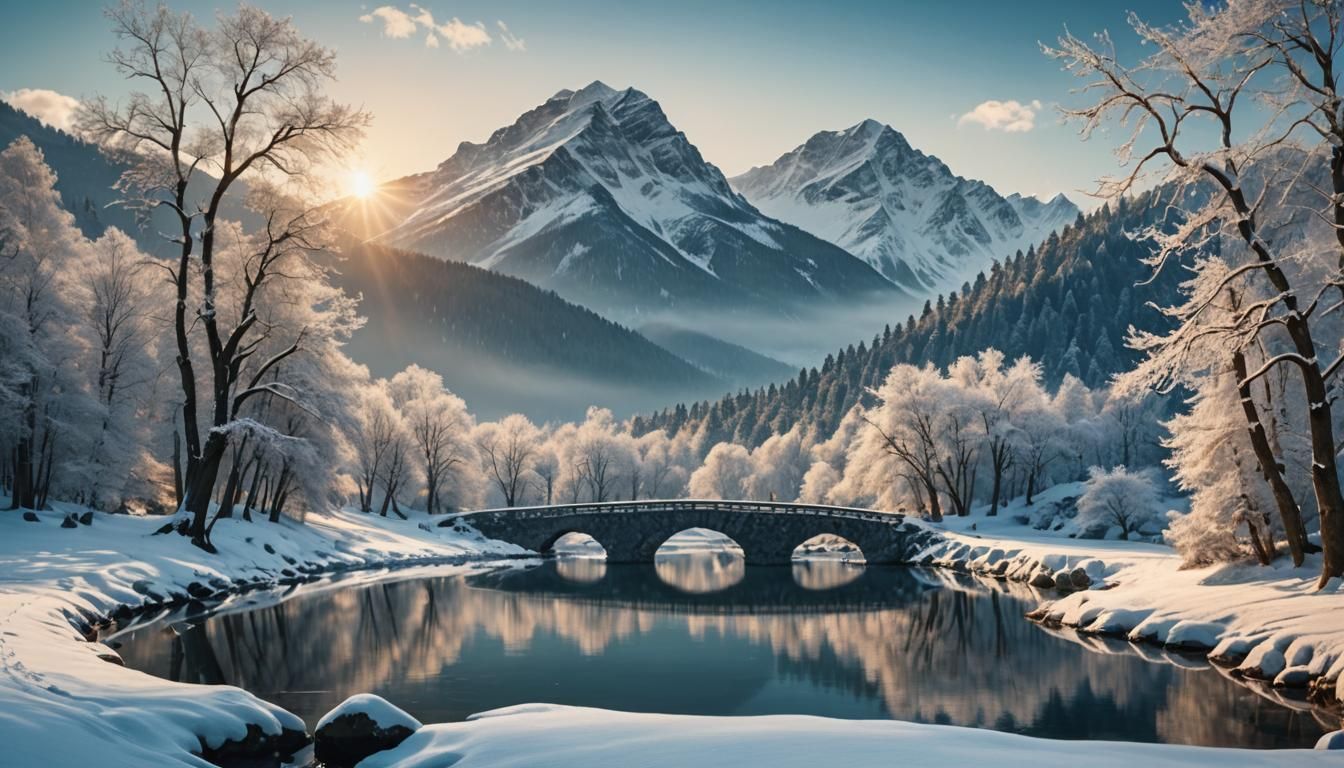 Serene Winter Landscape with Stone Bridge: Digital Art
