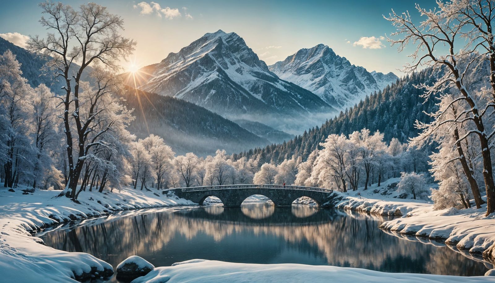 Serene Winter Landscape with Stone Bridge: Digital Art