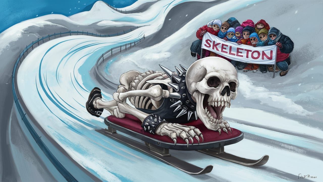 Punk Skeleton on Toboggan in Winter Scene