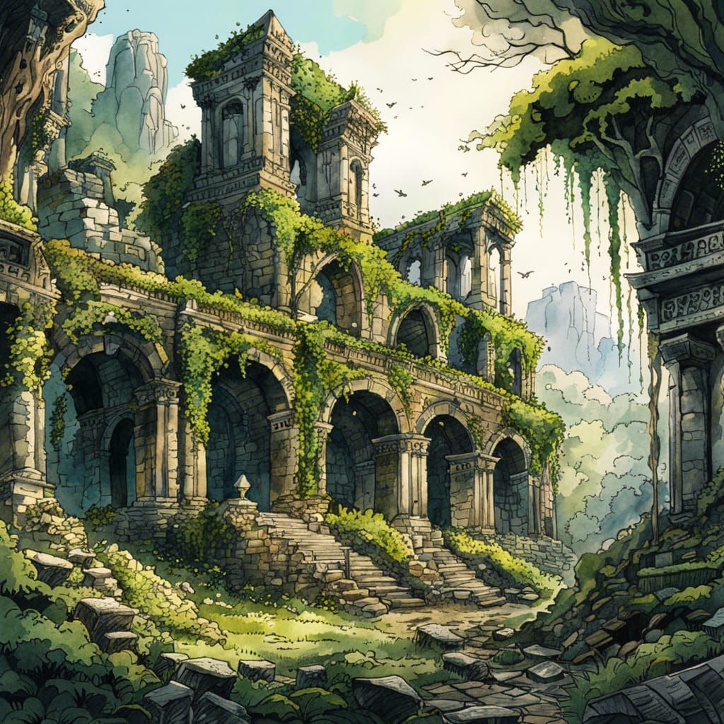 Detailed Watercolor Painting of Ancient Ruins