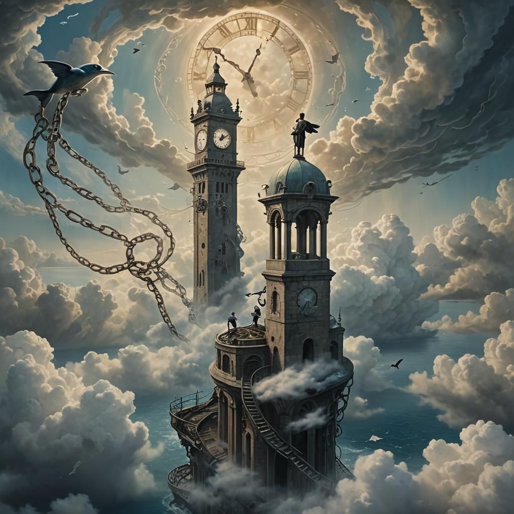 Surreal Clock Tower with Floating Fish in Dreamscape
