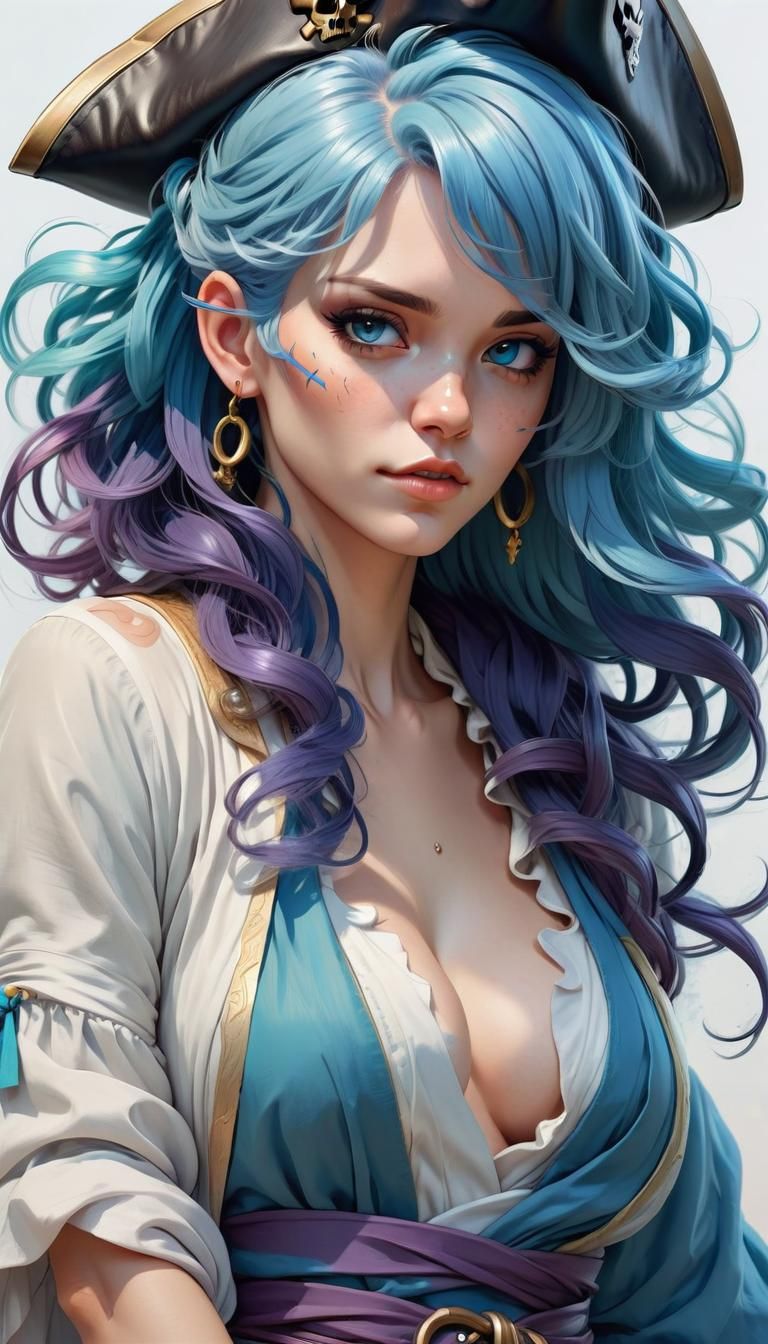Blue-Haired Pirate Queen Portrait in Manga Style