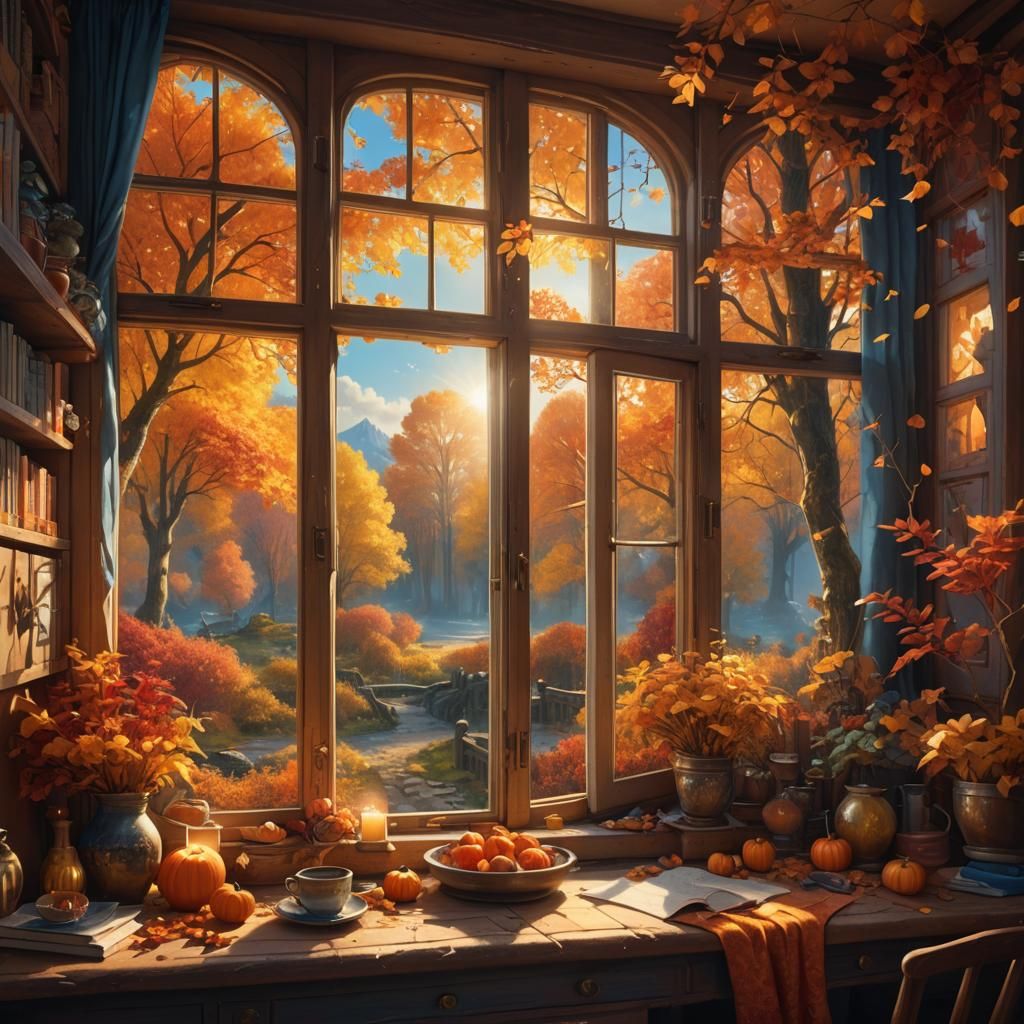 Enchanting Autumn Scene Through Cozy Room Window