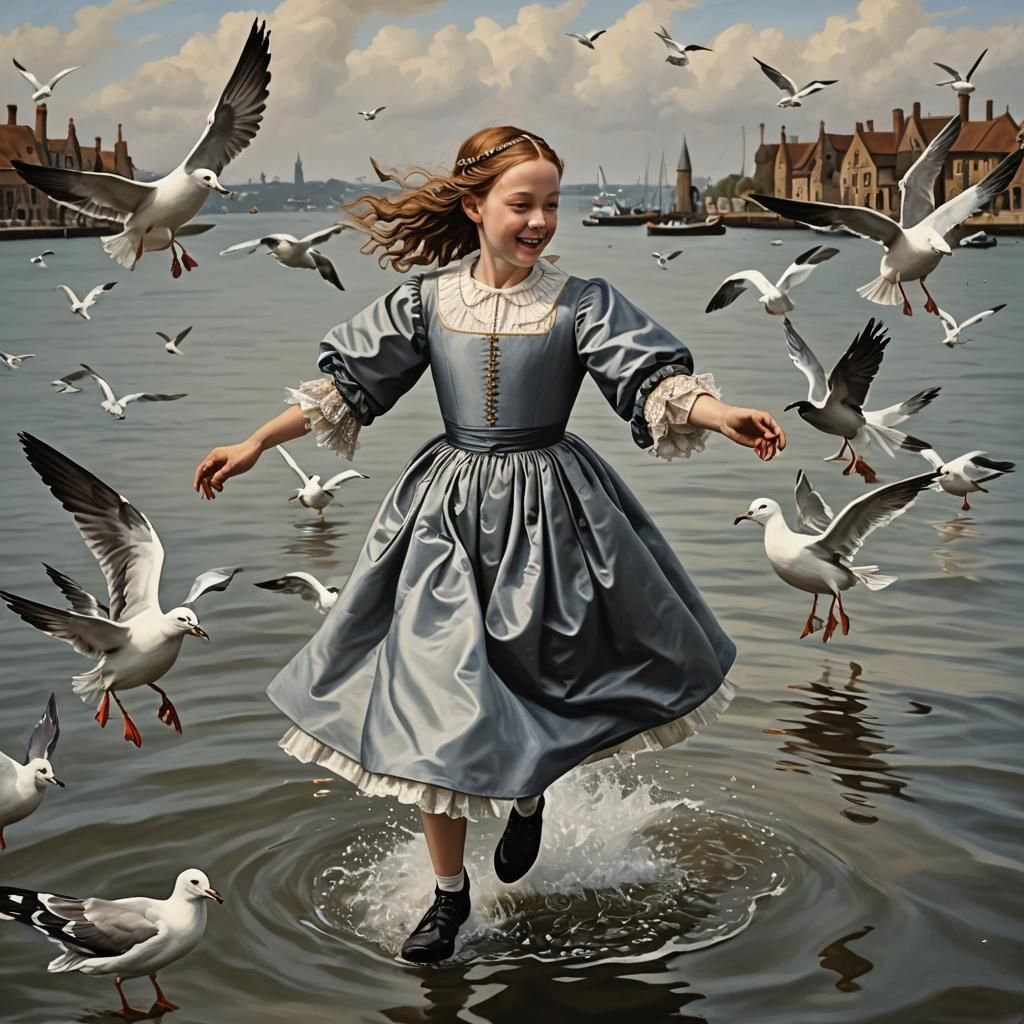 Girl in Tudor Dress Skips Over Water