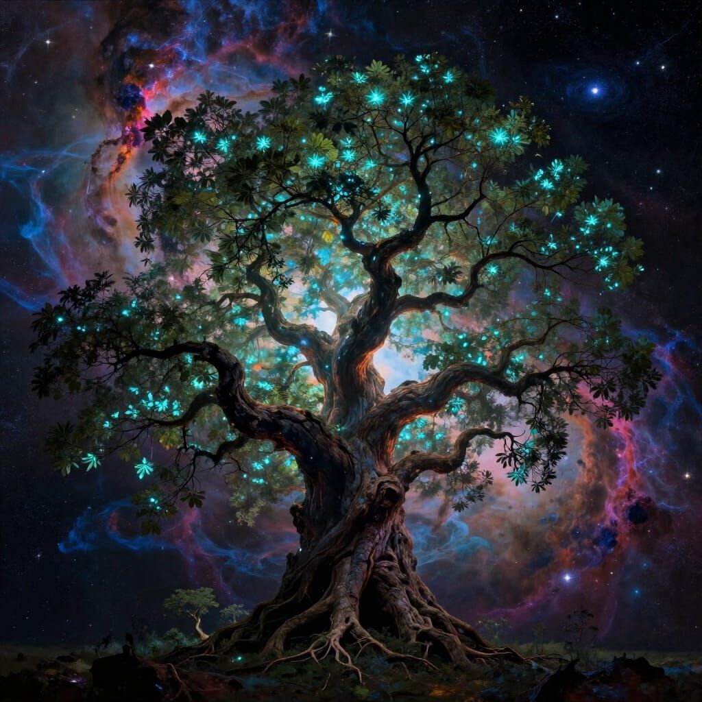 Ancient Bioluminescent Tree in Star-Dusted Nebula