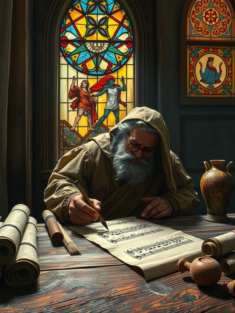 Medieval Scholar Creates Music Score, Hyperrealistic Art